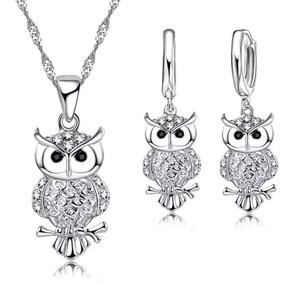 Women's 925 Silver Owl Necklace & Earring Set CZ Diamonds Valentine's Birthday